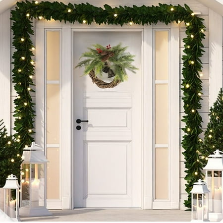 TTJ Holiday Decor 15 Inch Artificial Christmas Wreath Golden Accents Faux Pine Hanging Wreath Front Door Mantel Seasonal Holiday Decoration Christmas Party Decor Home Entryway