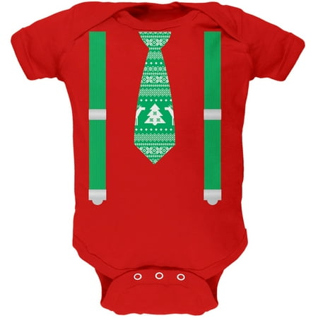 Ugly Christmas Sweater Tie With Suspenders Red Baby One Piece
