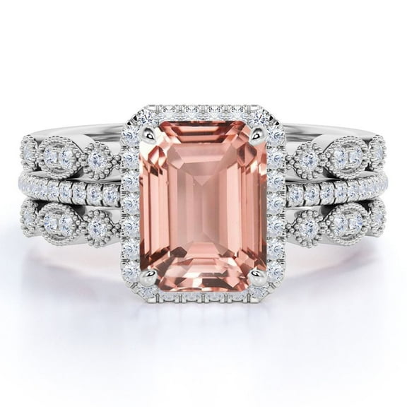JeenMata 1.75 Carat Emerald Cut created morganite Art Deco Trio Bridal Set in 18k White Gold over Silver