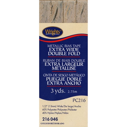 (2 pack) Wrights Bias Tape, Gold, 1/2" Lame Double Fold Bias Tape Binding For Sewing And Crafts, 3 Yards, 1 Each