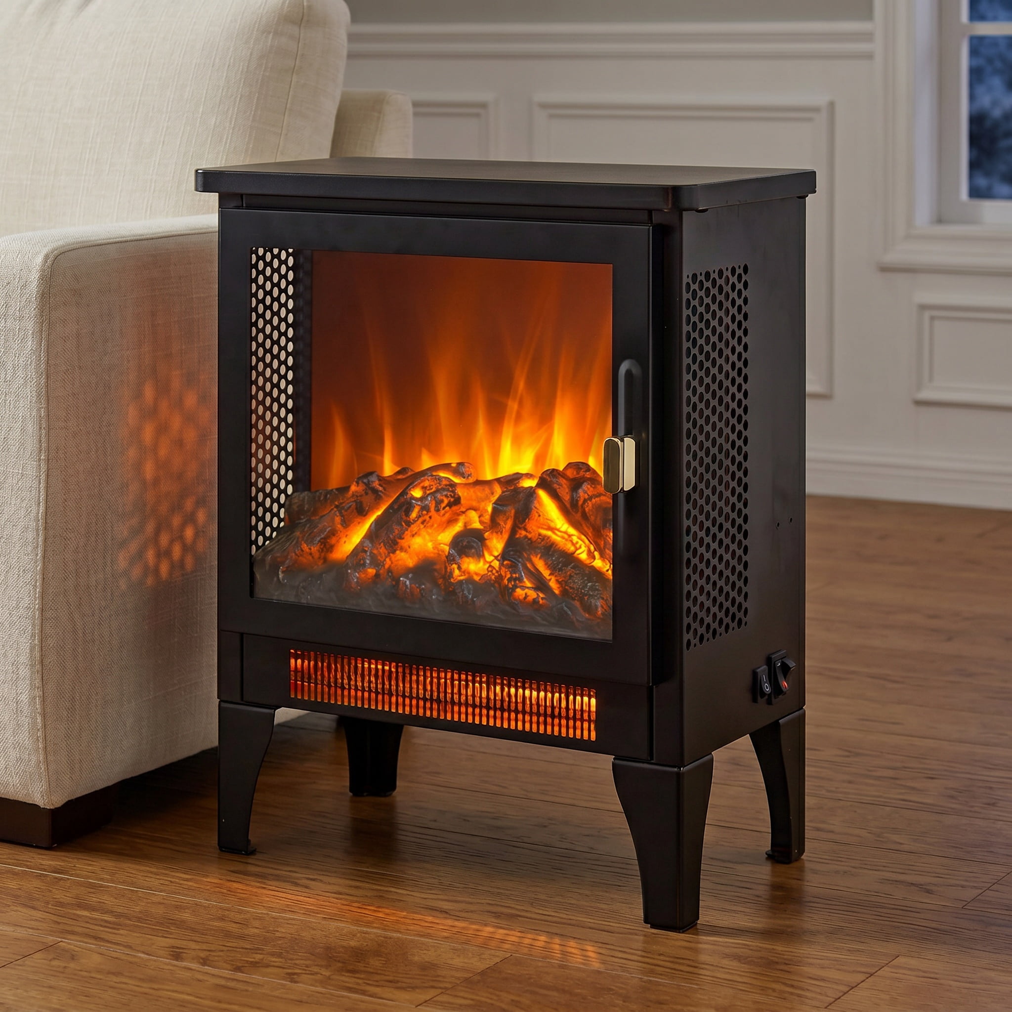 17" Freestanding Electric Fireplace Stove Heater with 3D Flame Effect, Black