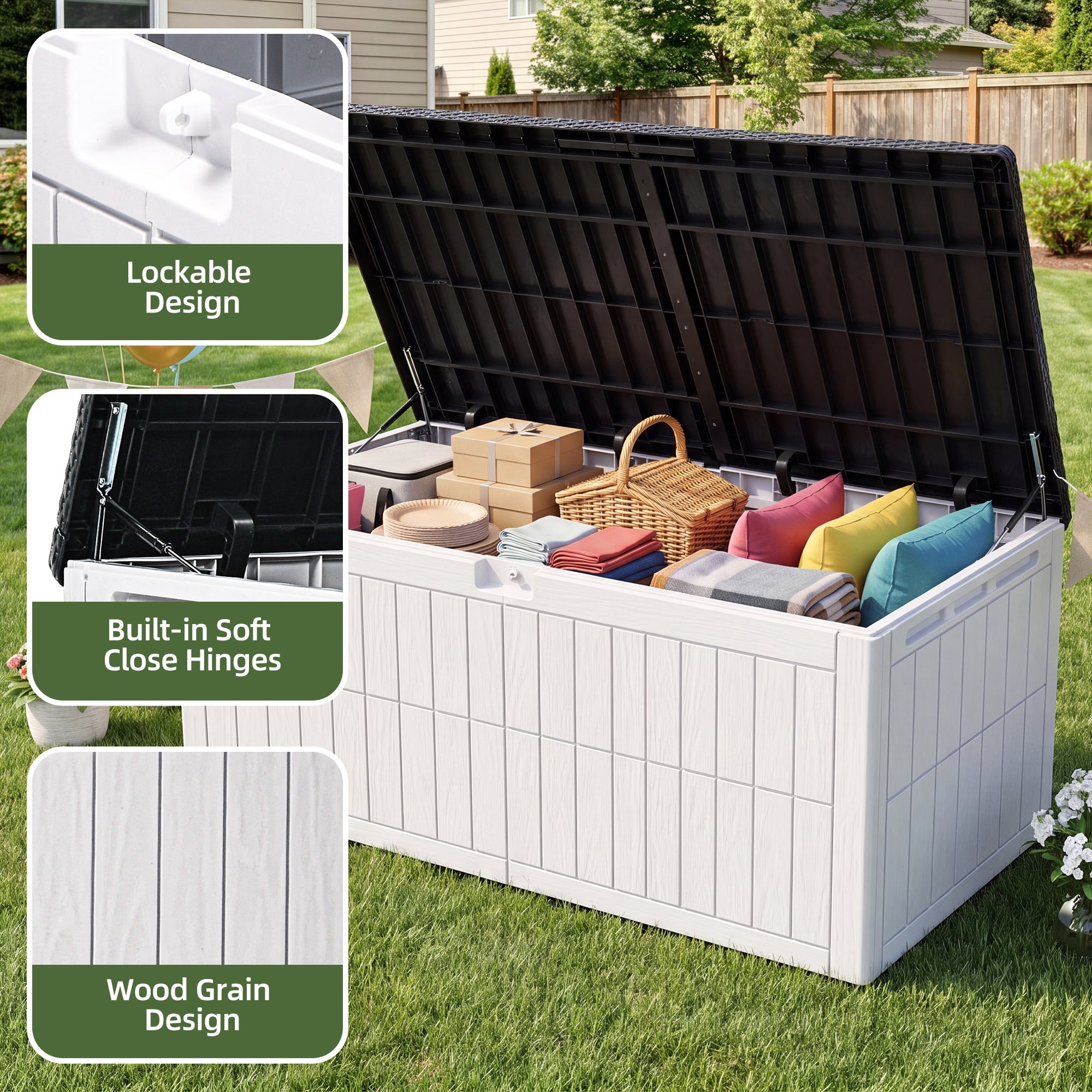 Uforic XXL 240 Gallon Waterproof Resin Deck Box, Lockable 3-Person Outdoor Storage Bench for Patio Cushions, Garden Tools & Pool Supplies