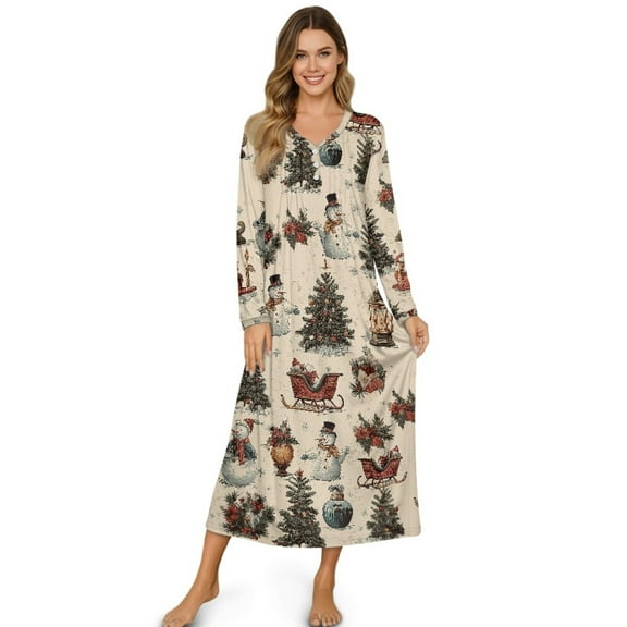 DISNIMO Christmas Tree Snowman Print Nightgown for Women Long Sleeve Nightshirt Full Length Sleepwear V Neck Soft Night Gowns, S