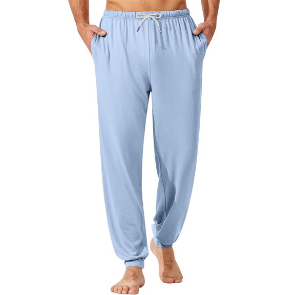 WTOBBY Men's Casual Drawstring Cuffed Pants with Pockets, Soft Home Sleepwear Lounge Pajama Bottoms for Relaxation, Comfortable Fit,Light Blue M