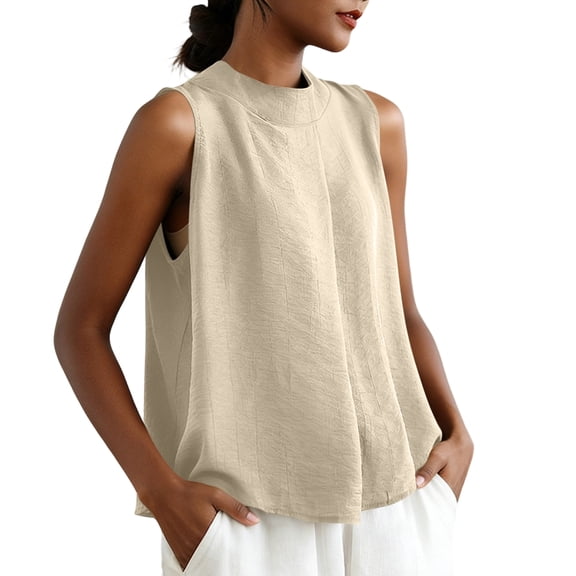 MOJOGO Tank Tops for Women Mock Neck Sleeveless Blouse Textured Cotton Linen Blend A Line Shirts Casual Office Summer Outfits