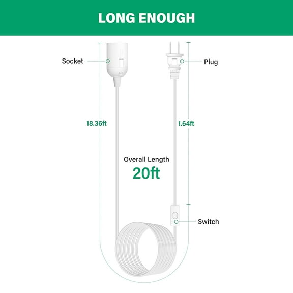 GHRTGR-20ft Extension Hanging Lantern Pendant Light Cord Cable with E26 Socket, On/Off Switch, 1 Pack, White (Bulb Not Included)