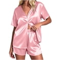 thumbnail image 2 of IUYRTFE Women's Satin Pajama Set V-Neck Short Sleeve Button Down Top and Shorts 2 Piece Sleepwear, 2 of 7