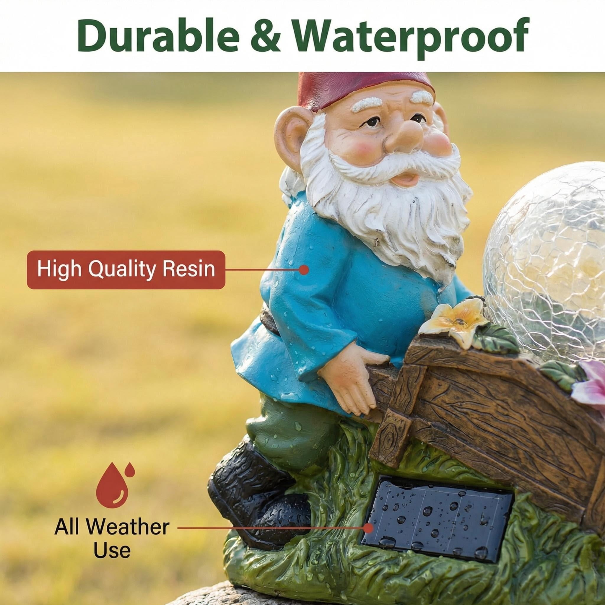 MEHOOM Solar Crack Lamp Gnome Statues, Resin Gnome Statues Holding Solar LED lights, Outdoor Statue Decoration and Lawn Ornament - Funny Garden Gnomes for Outdoor Courtyards, Porches or Home Decor