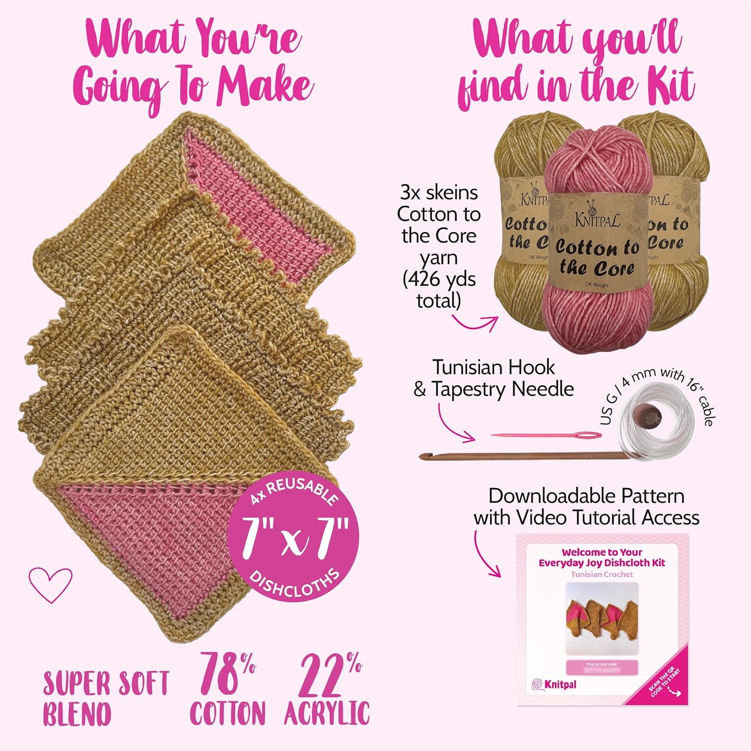 Everyday Joy Tunisian Crochet Dishcloth Kit for Confident Beginners – Make 4 Reusable Dishcloths Cotton Yarn, Hook, 2 Patterns & Video Tutorials (Camel Brown+Flamingo Pink)
