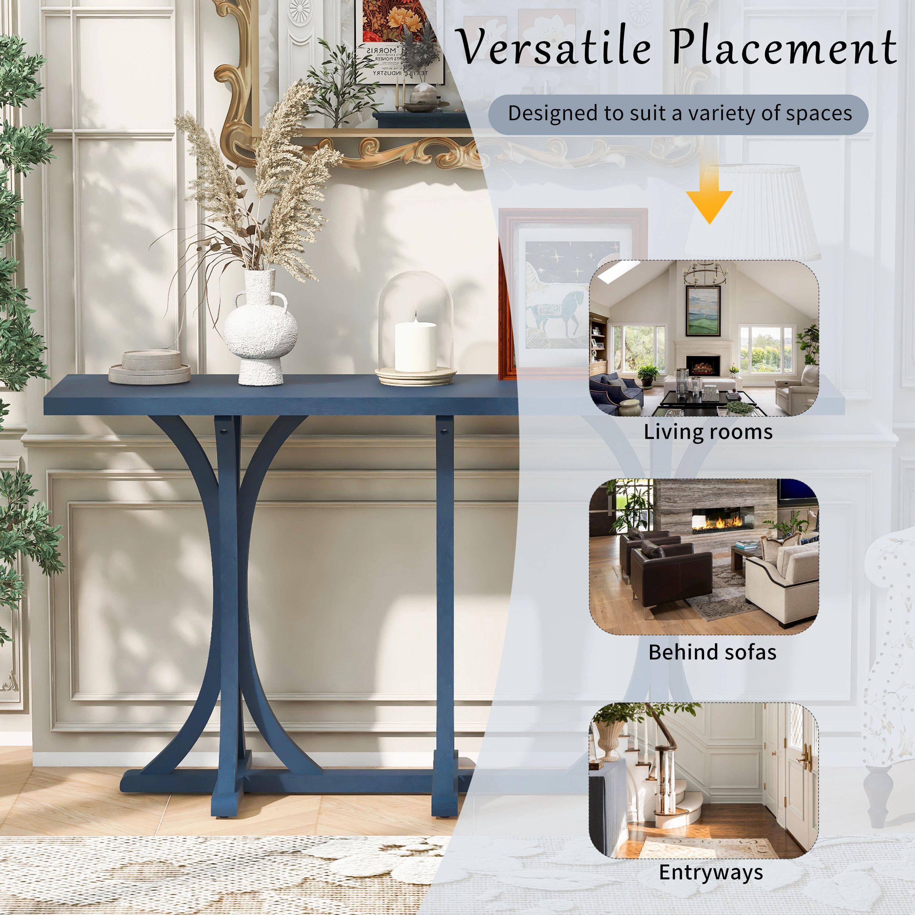Euroco 59.8" Long Console Table, Farmhouse Entryway Table with Slender Curved Legs, Narrow Sofa Table Behind Couch for Living Room, Hallway,Foyer,Navy Blue