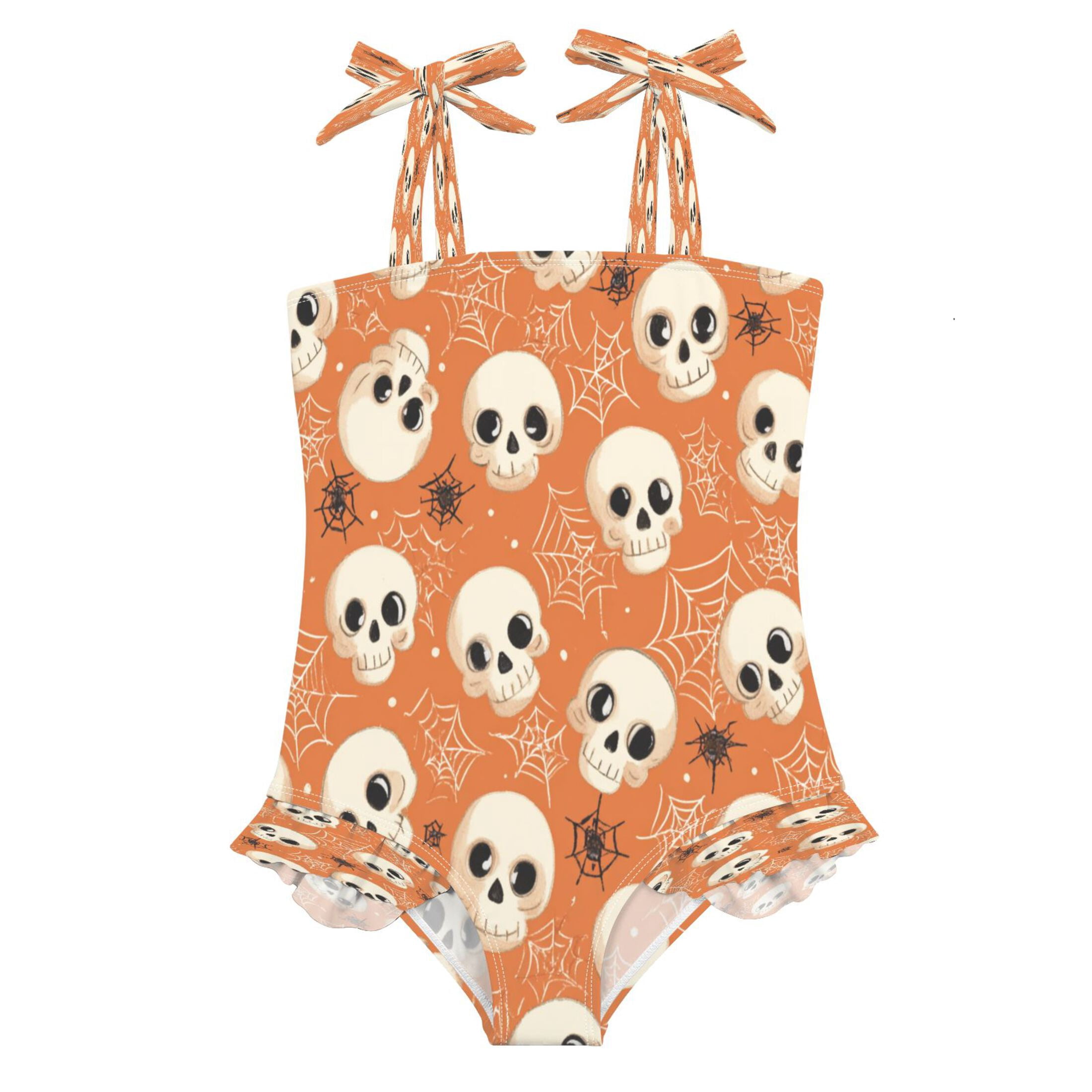 Toddler Girls One Piece Swimsuit, Tie Shoulder Ruffle Bathing Suit, Quick Dry Kids Swimwear for Summer Beach Adorable Skulls and Spider Webs