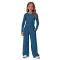 thumbnail image 4 of UACY Girl's 2 Piece Matching Lounge Set Long Sleeve Side Ruching Top Wide Leg Drawstring Pants Set with Pockets, 4 of 9