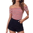 thumbnail image 4 of Roaso Women's Elegant Off Shoulder T-Shirt Stripe Short Sleeve Modal Short Sleeve Summer Top, 4 of 5