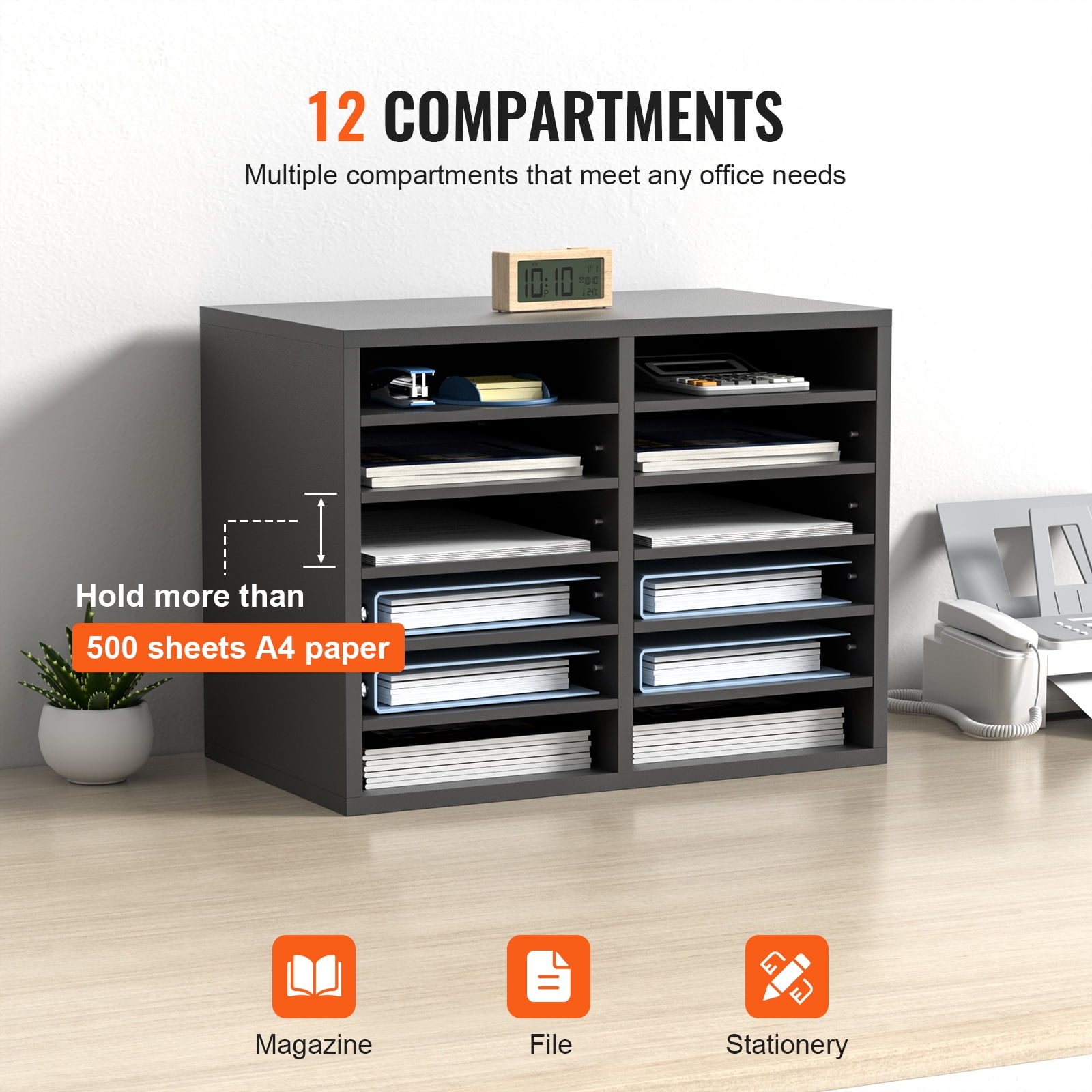 VEVOR Wood Literature Organizer Adjustable File Sorter 12 Compartments Countertop Literature Organizer Paper Storage Holder Gray