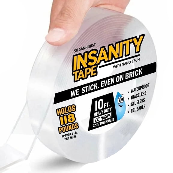 Insanity Heavy Duty Nano Tape - Double Sided Adhesive For Walls, Area Rugs - 10' x 1.2" Roll