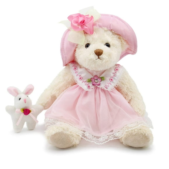 Oits-cute Small Baby Teddy Bear with Cloth Cute Stuffed Animal Soft Plush Toy 10" (Pink lace Dress with Rabbit)
