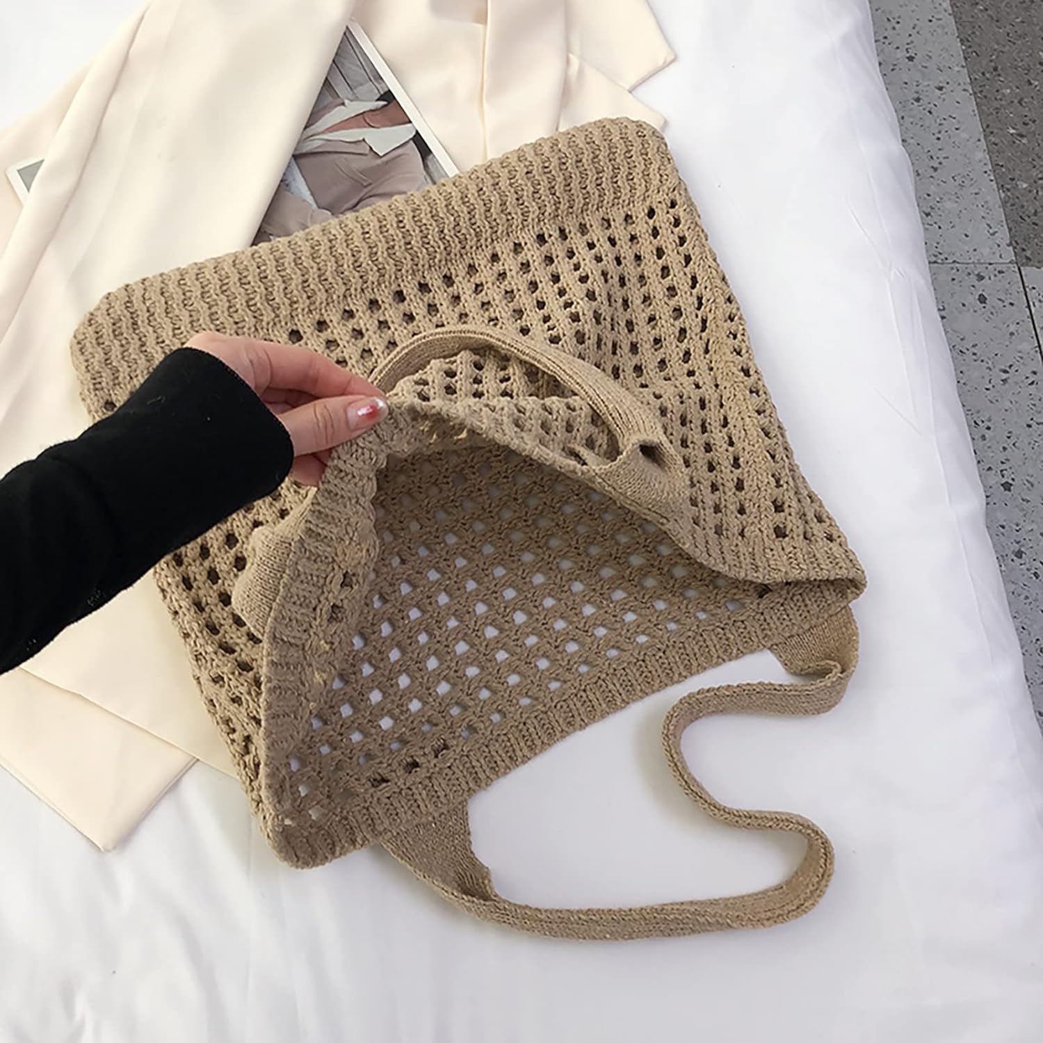 Kukuzhu Crochet Beach Bags for Women, Woven Travel Tote Fishing Net Handbag Shopping Large Hobo Shoulder Bag for for Holiday
