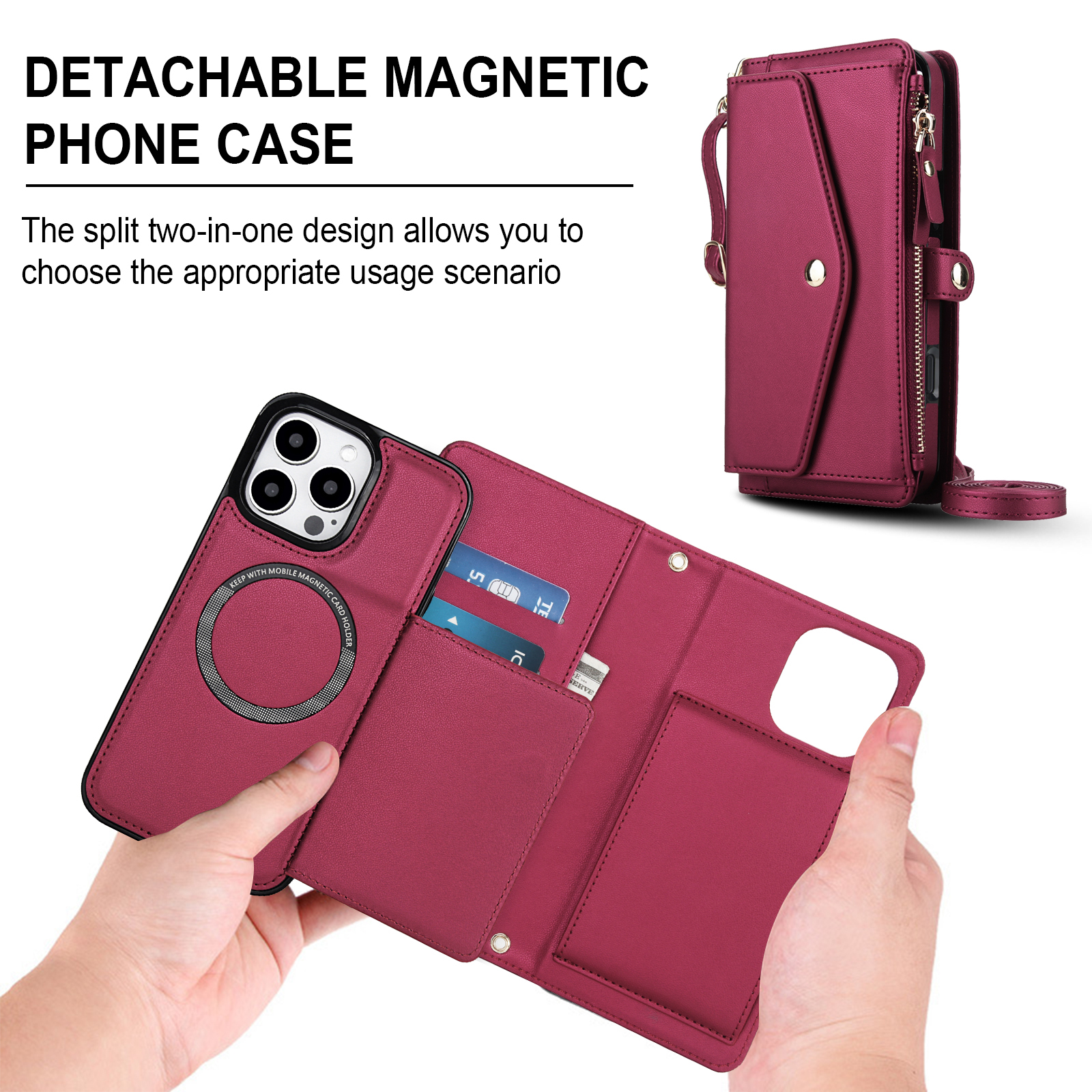 Designed for iPhone 15 Pro Multi-Function Wallet Phone Case,With Shoulder Strap&Wrist Strap,Cash Pocket&Card Slots,Zipper Purse,Magnetic Detachable PU Leather Flip Phone Case,Red