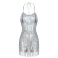 thumbnail image 6 of Doomiva Women Backless Fringe Dress Jumpsuit Club Sequin Tassel Halter Playsuit Festival Bodysuit Silver M, 6 of 7