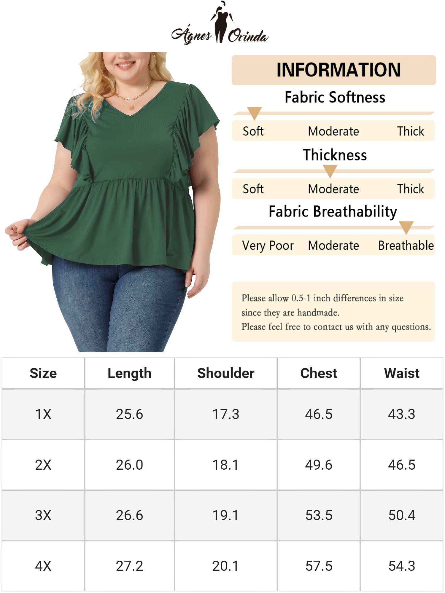 Unique Bargains Women Plus Size Tops V Neck Ruffle Sleeve Pleated Peplum Blouse Green 3X