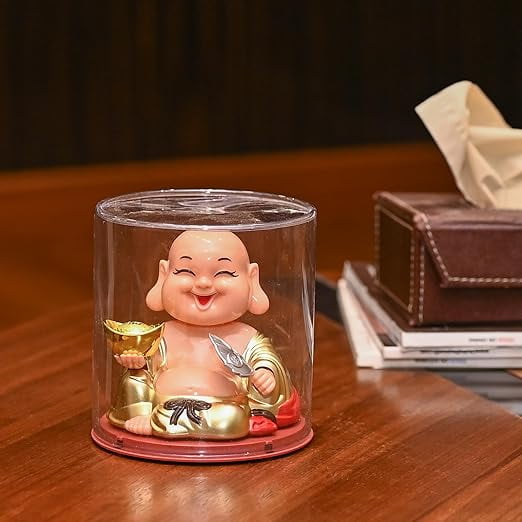 Solar Buddha Laughing Buddha with Waving Fan and Ingot – Moving Head and Fan for Health, Wealth, and Prosperity | Perfect for Office, Home, Car Dashboard Decoration & Birthday Gifts