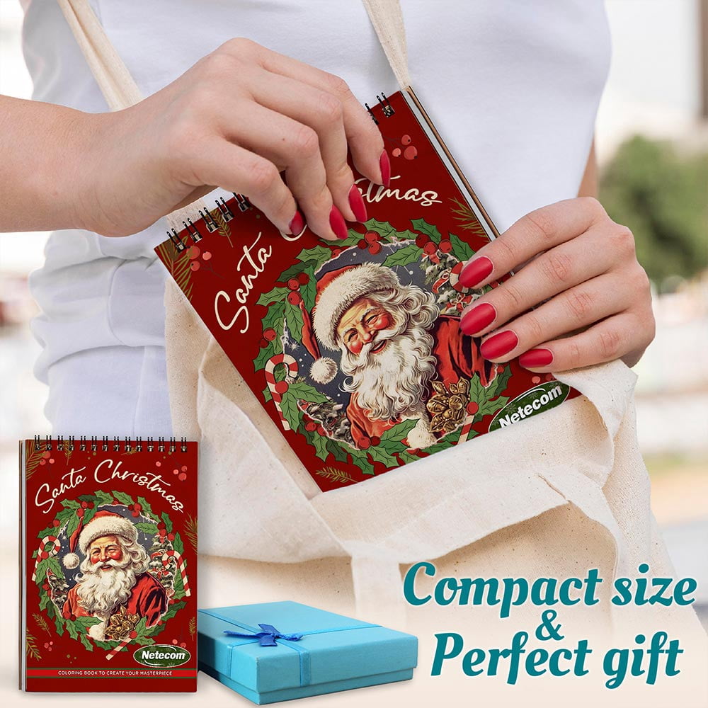 Netecom Santa Christmas Coloring Book Spiral Bound For Adults, A5 Wooden Cover, 30 Fesive Coloring Pages of Santa Scenes for Stress Relief and Relaxation