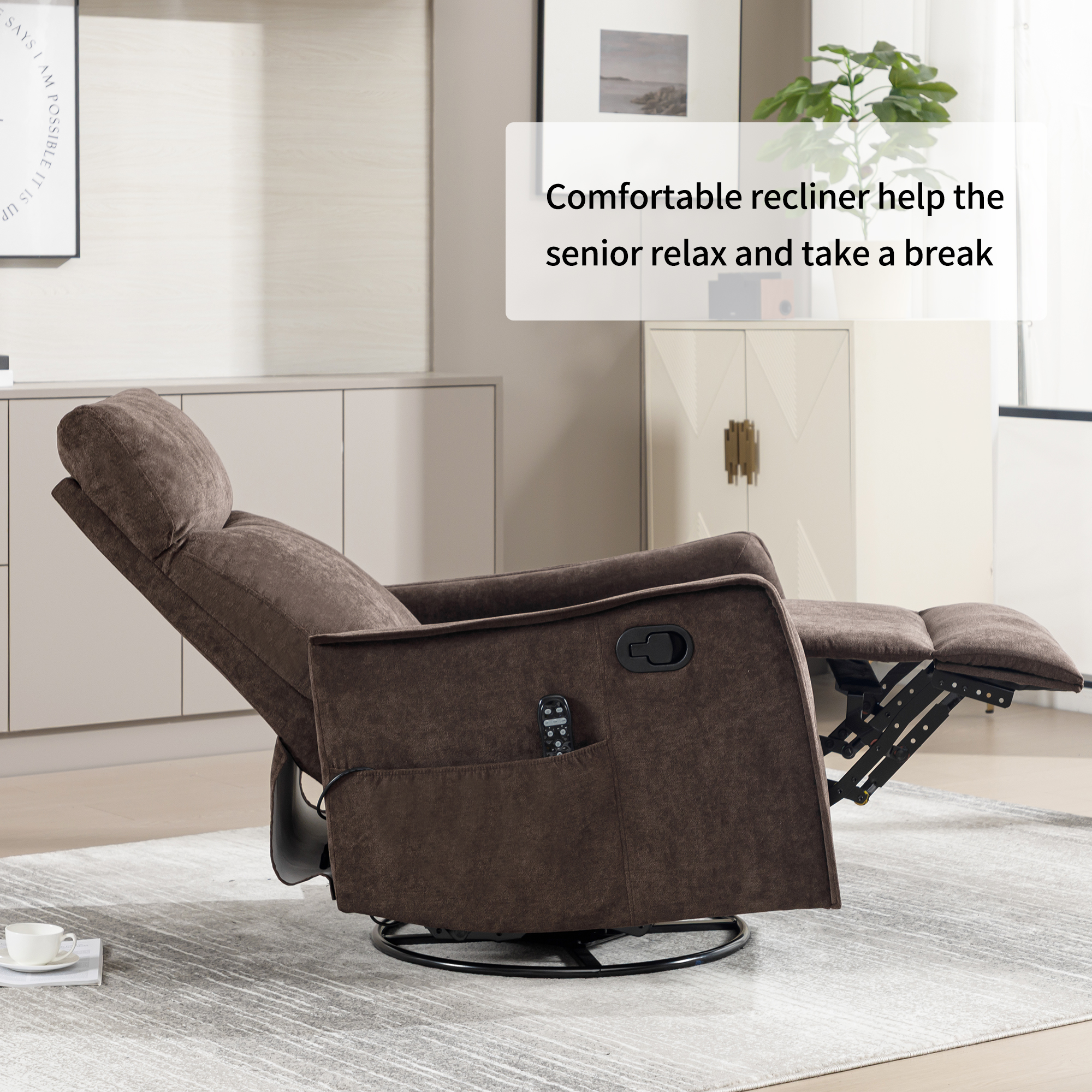 Leumius Recliner Chair with Massage and Heat,360° Manual Swivel Rocker Chair for Adults,Upholstered Fabric Glider Recliner Nursery Chair with Side Pockets for Living Room,Brown