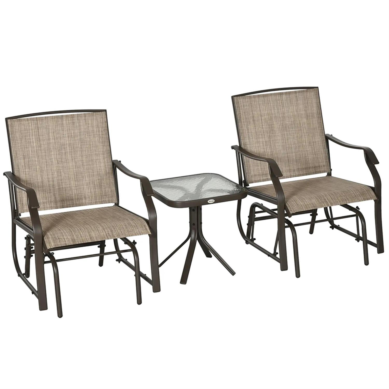 Demi Bonn 3 Piece Outdoor Glider Chair with Glass Tabletop Coffee Table Bistro Set, 2 Patio Rocking Chairs with Breathable Sling Fabric, for Backyard, Garden and Porch, Brown