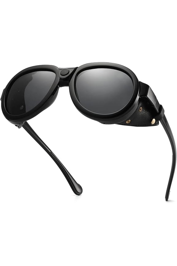 Retro Aviator Steampunk Polarized Sunglasses with Leather Side Shield Vintage Goggles Gothic Eyewear for Men Women