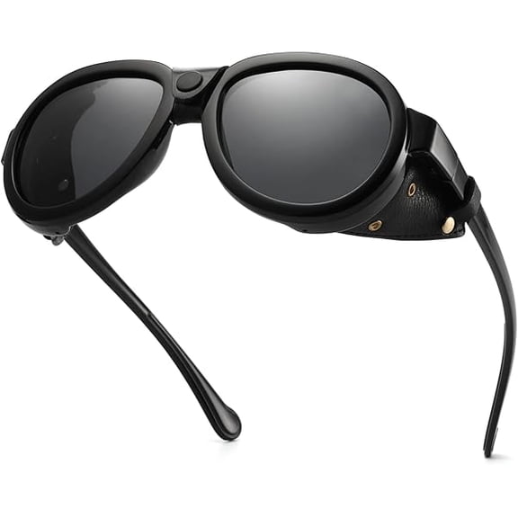 ZLCBRetro Aviator Steampunk Polarized Sunglasses with Leather Side Shield Vintage Goggles Gothic Eyewear for Men Women