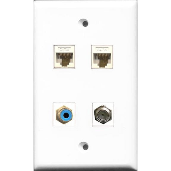 RiteAV 1 Port RCA Blue and 1 Port Coax Cable TV- F-Type 2 Port Cat6 Ethernet White Wall Plate