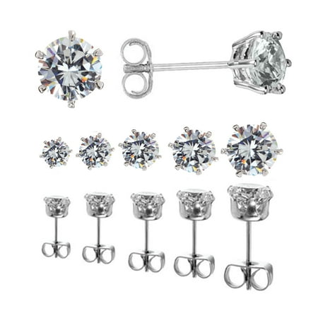- Fashion Earring Stainless Steel Assorted Size Clear Dazzling CZ Crystal Studs Lot of 6 Pairs