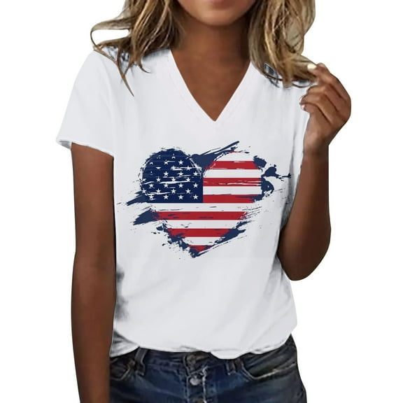 Endives Women's Short Sleeve T-shirt American Flag Shirt Patriotic Heart Tshirt 4th Of July Tops Tee