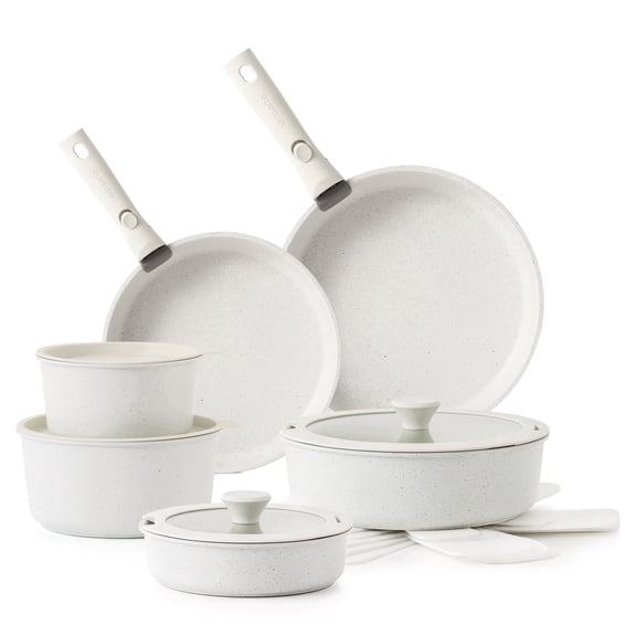 SENSARTE Nonstick Cookware Sets with Detachable Handles, 17Pcs Pots and Pans Set, Induction Kitchen Cookware Sets Stackable White