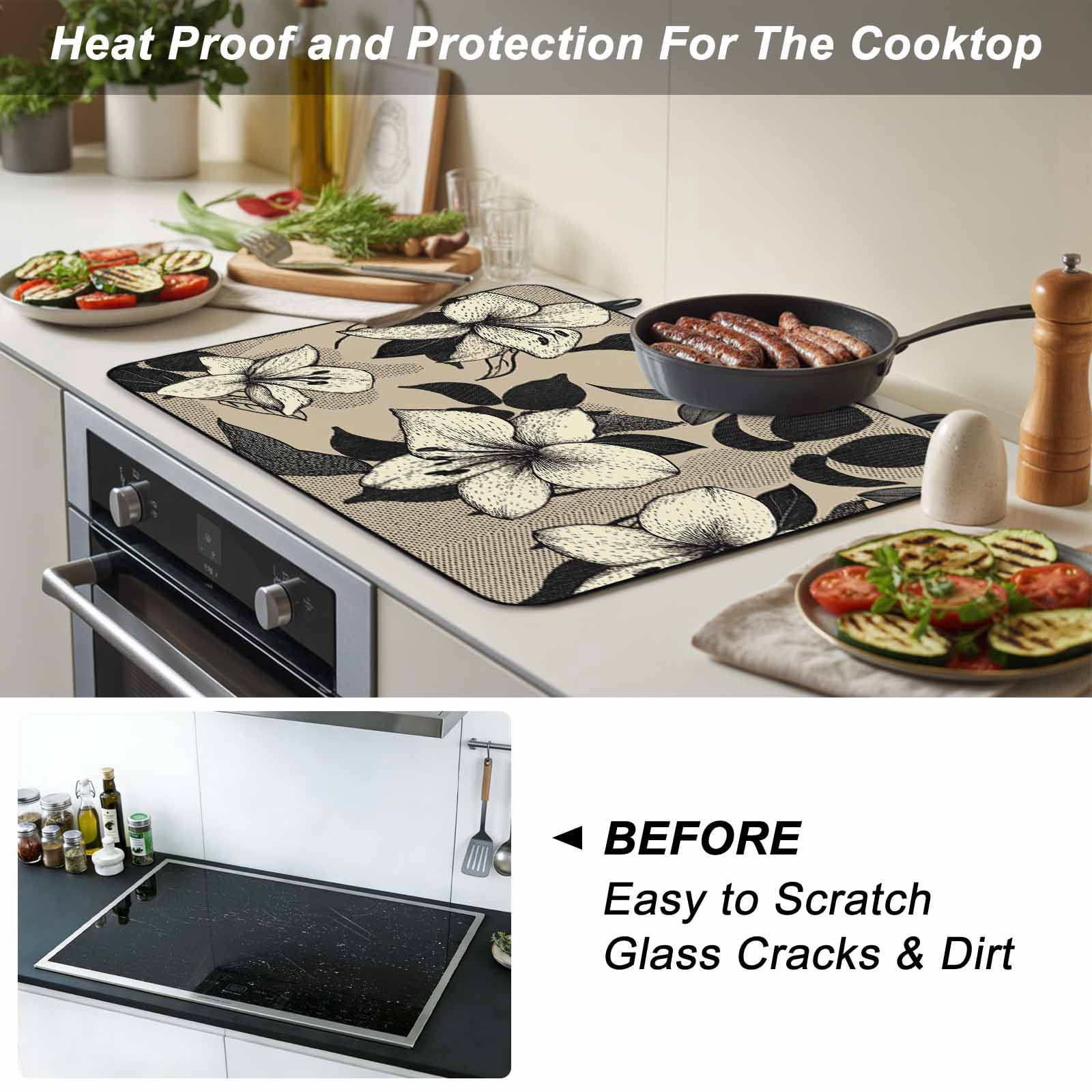 Black Floral Stove Top Cover for Electric Stove, Heat-proof & Non Slip Glass Top Stove Cover Protector, Vintage Khaki Floral Retrp Plant Leaf Kitchen Flat Cooktop Rubber Mat 24x21 Inches
