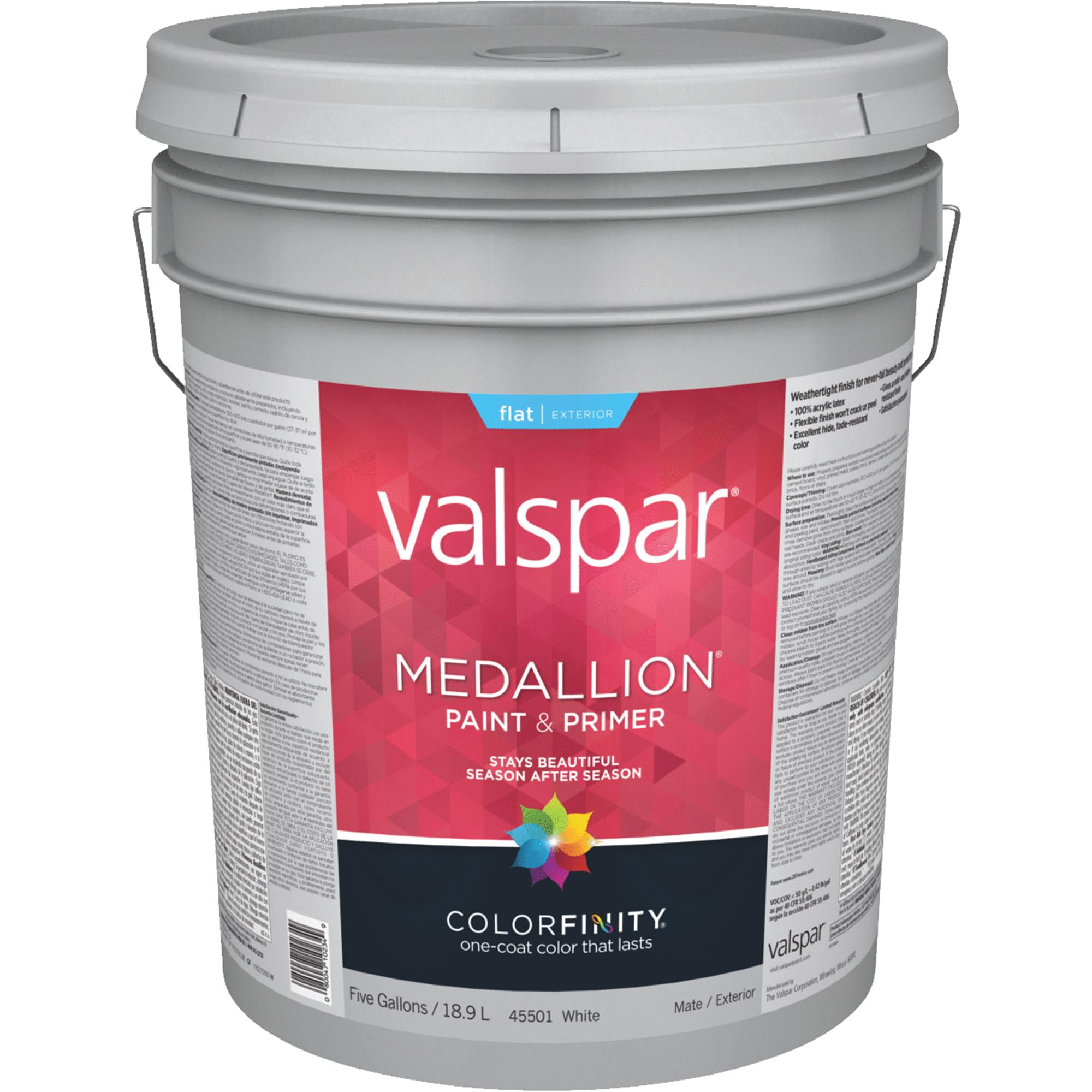 Valspar 455015GAL Exterior House Paint, Flat, White, 5 gal Pail