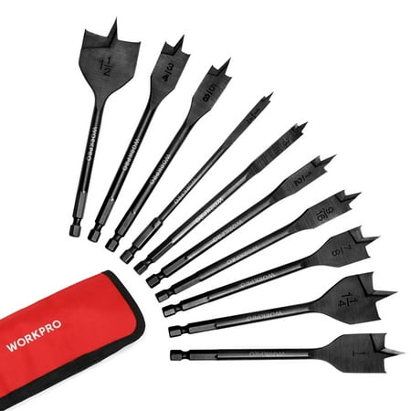 

WORKPRO 10-Piece Pro Spade Drill Bit Set- Black Coating Premium Carbon Steel Paddle Flat Bits for Woodworking Assorted Bits 1/4 to 1-1/2 with Storage Case