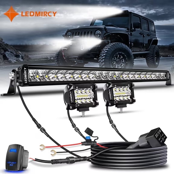 LEDMIRCY 22Inch LED Light Bar and 4Inch LED Pod Lights with Wiring Harness Kit Single Row Slim Off Road Spot Flood Combo Work Light Bar for Wrangler F-150 Trucks Pickup Tractor UTV ATV