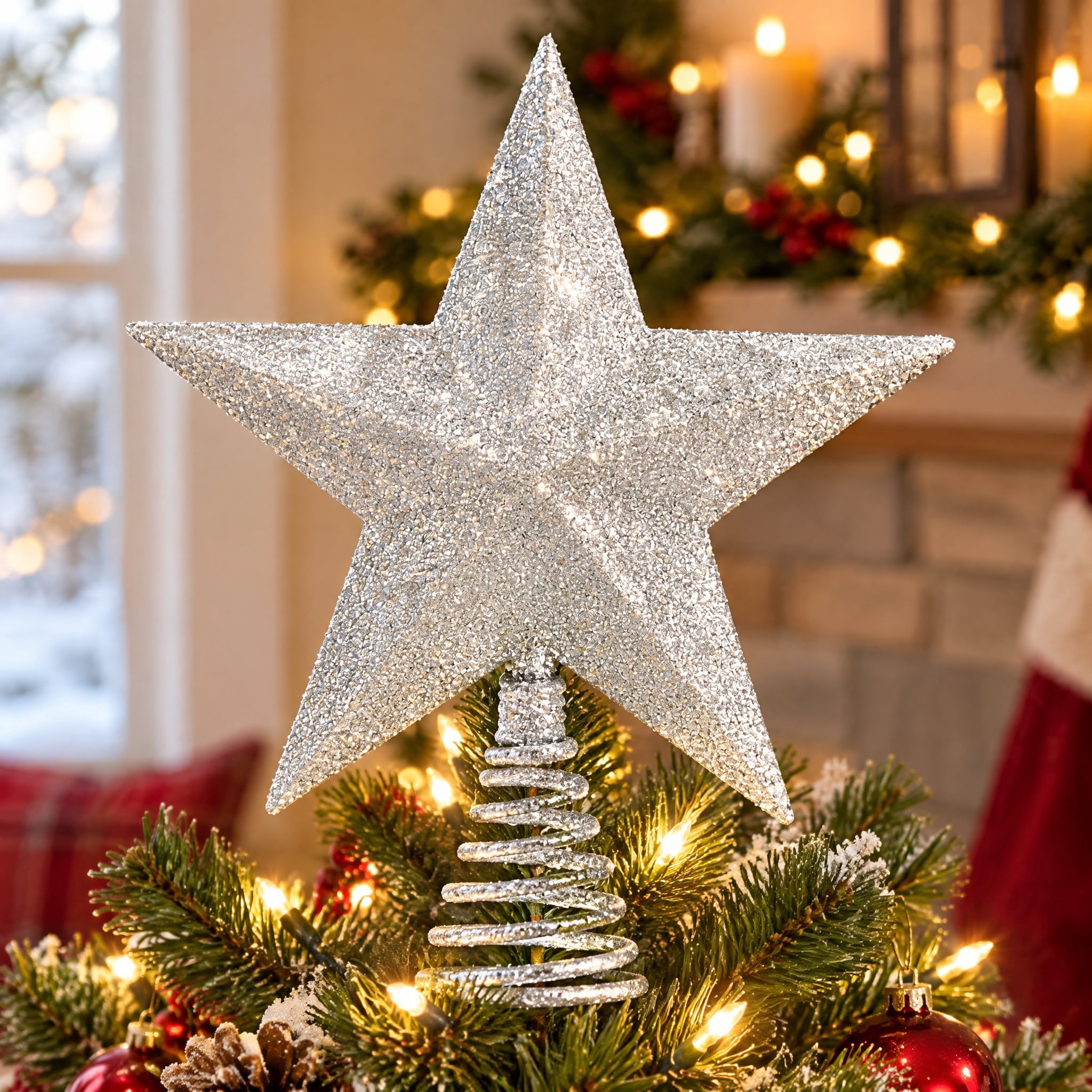 Glitter Star Christmas Tree Topper, Silver, 10", by Holiday Time