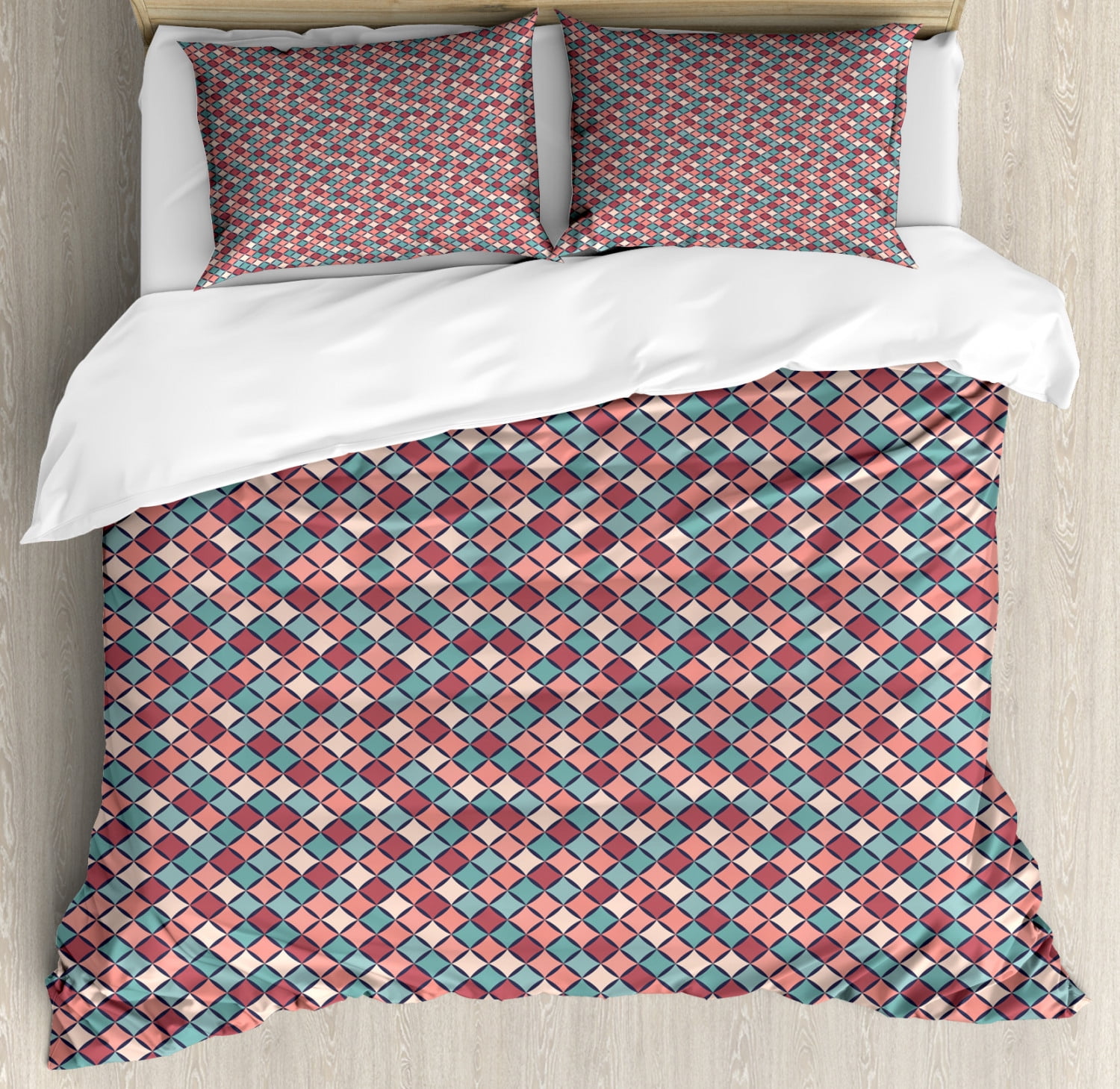 Geometric Queen Size Duvet Cover Set, Retro Style Checkered Pattern