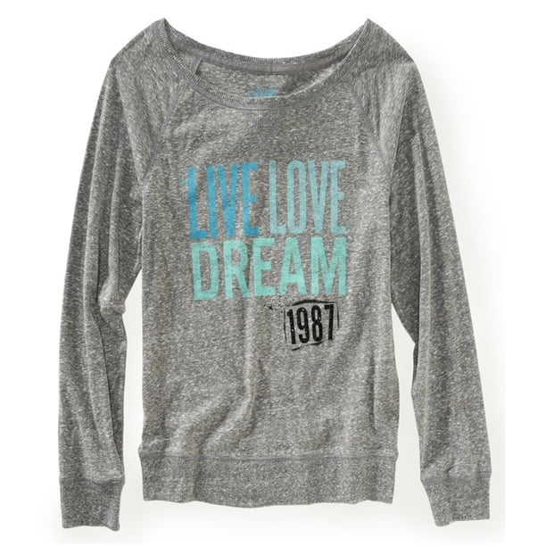 Aeropostale - Camiseta gráfica para mujer Live Love Dream Sleep, gris, pequeña Aeropostale Camiseta gráfica