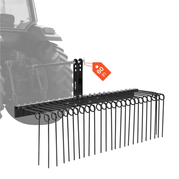 VEVOR 60 in Tow Behind Landscape Rake, 3 Point Hitch Lawn Dethatcher Rake,26 Spring Steel Tines, for Category 1 Tractors, Heavy Duty & Rust-Resistant Rakes Tractor Attachments for Leaves Pine Needles
