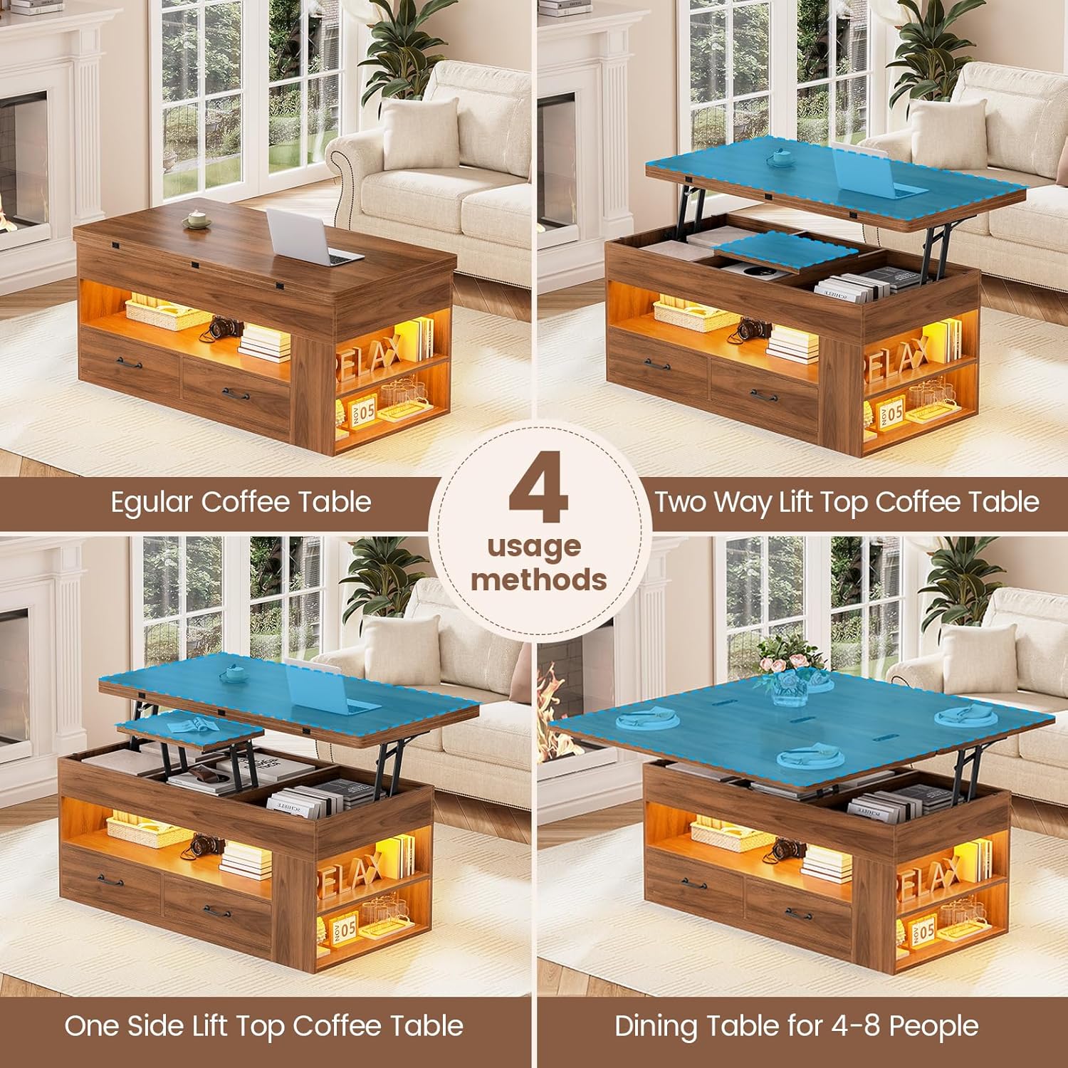 40" Farmhouse Lift Top Coffee Table, 4 in 1 Multifunction Lift Coffee Tables with 2 Drawers, Open Shelves and Hidden Compartment, Center Table with Wooden Tabletop for Living Room, Brown