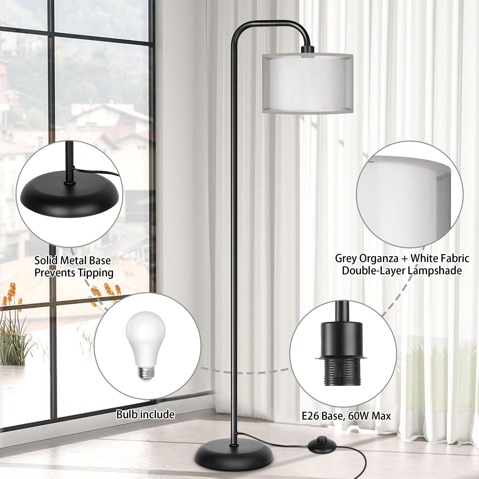 Led Floor Lamp For Living Room  Modern Standing With Foot Grey Organza Fabric Shade Tall Pole Reading Bedroom Study Office 9w Bulb Included