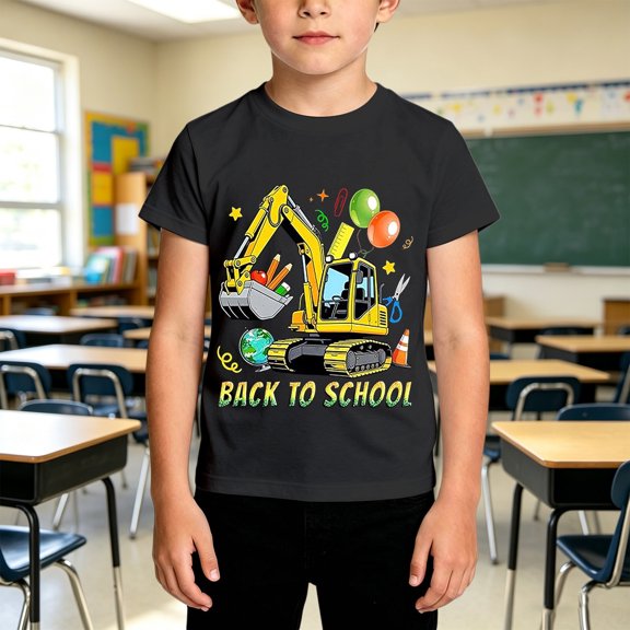 School Uniform Tshirts Kids Print Round Neck T Shirt Short Sleeve Casual Boys Top Girls T Shirts Black 3-4 Years