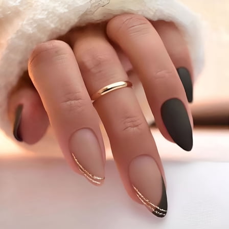 RAGUPEL Black Press on Nails Short Medium Almond Shaped French Tips Fake Nails with Simple Gold Lines Design Glue on Nails for Women Girls Acrylic False Stick on Nail Manicure for Wedding 24Pcs