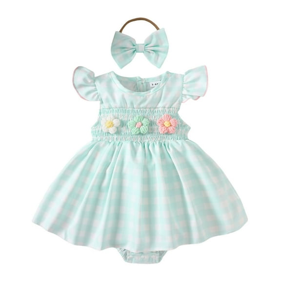 Tisuna Stylish Dresses For Girls Plaid Print 3D Flower Ruffled Sleeve Crew Neck Romper Fashion Soft Girls Summer Dress With Headband Size 6-12 Months