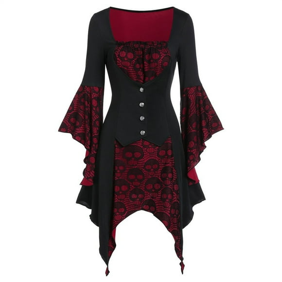 HNMKIU Women's Flowy Casual Dress Elegant Sweetheart Neckline Lace Panel Long Sleeve Comfortable Plus Size Feminine Stylish Red,XL