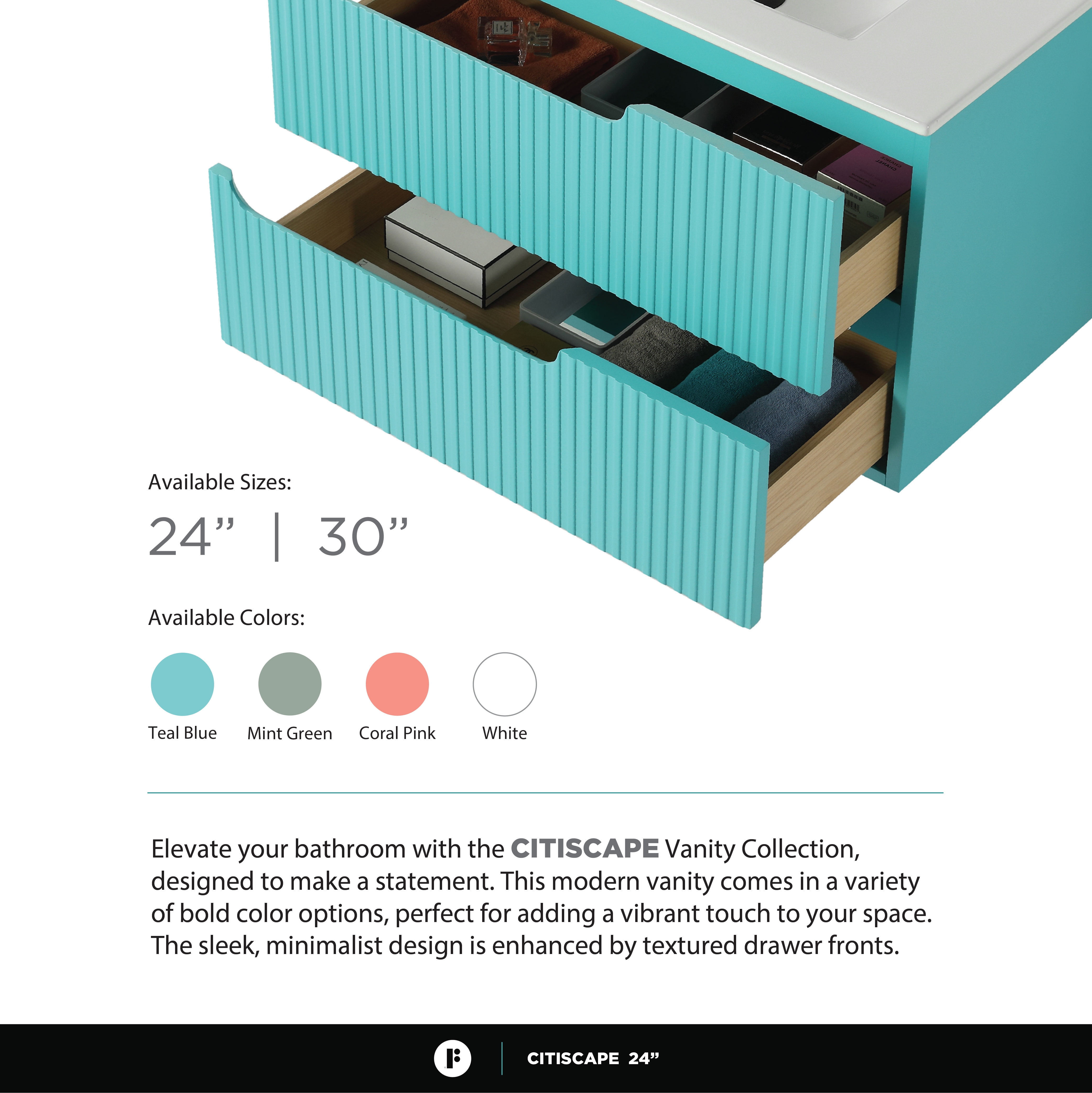 Citiscape Modern Bathroom Vanity with Textured Drawer Fronts 24" Wide - Tiffany Blue - Sink Included