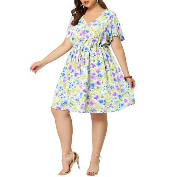 Agnes Orinda Women's Plus Dresses Floral Drawstring Waist V Neck Dress 3X White
